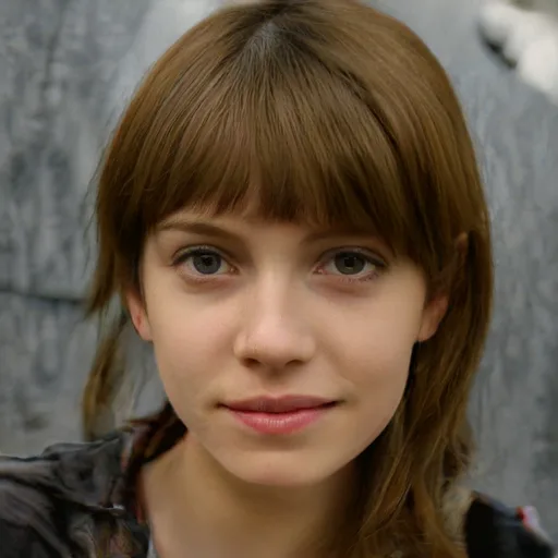 An AI-generated portrait of a young woman, with the six facial measurement guides drawn over the eyes, cheekbones and jaw.